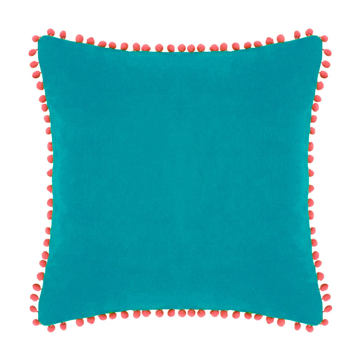 Square teal velvet cotton cushion with coral pompom trim around all edges, shown on a plain white background.