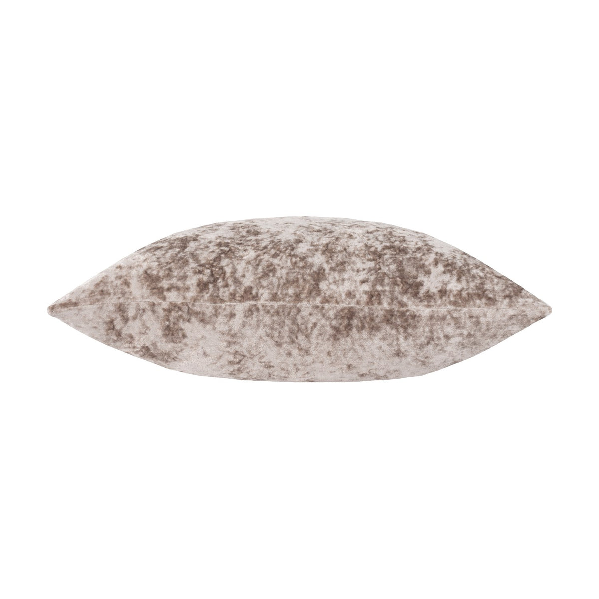 Verona Polyester Velvet Cushion in Oyster, shown side-on to reveal a crushed-velvet pile in mottled beige and brown tones, set against a plain white background.