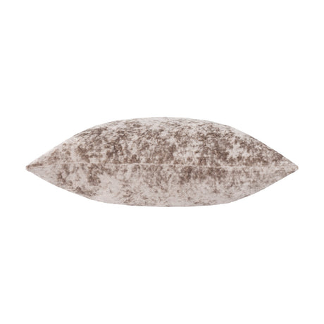 Verona Polyester Velvet Cushion in Oyster, shown side-on to reveal a crushed-velvet pile in mottled beige and brown tones, set against a plain white background.