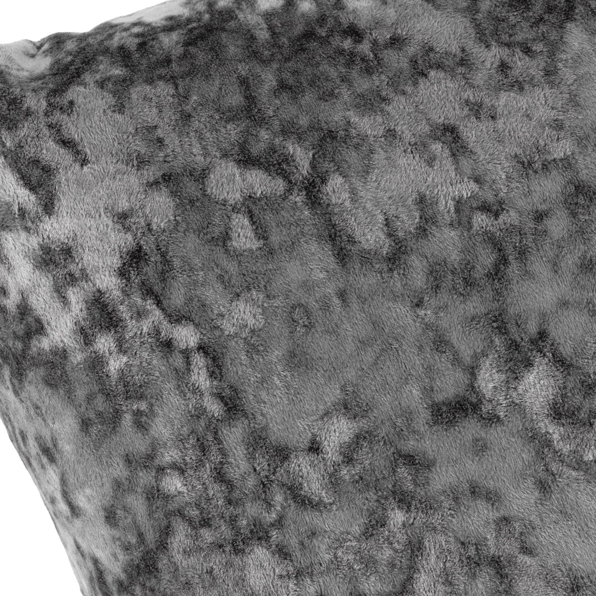Close-up of the Verona Polyester Velvet Cushion in pewter grey, showing the crushed-velvet pile with mottled charcoal and silver tones.