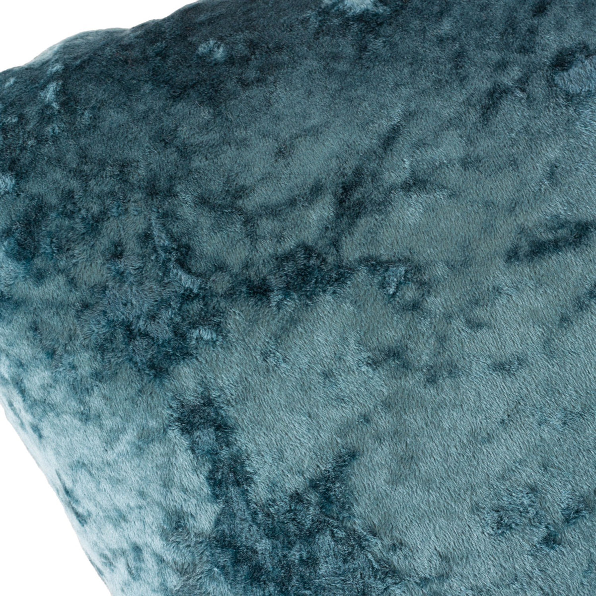 Close-up of the Verona square cushion in deep teal, showing its crushed-velvet-look polyester surface with light-catching, mottled texture.