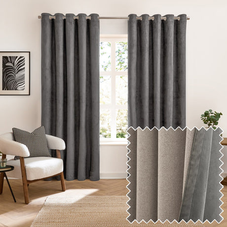 Verso Plain Reversible Eyelet Curtains in charcoal suede-effect fabric with grommet header, shown hung at a living room window beside a fabric swatch in charcoal and natural putty tones.