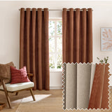 Verso Polyester Blackout Eyelet Curtains in cinnamon hung in a living room, showing velvety brown fabric panels with silver eyelets and a fabric swatch corner detail.