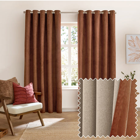 Verso Polyester Blackout Eyelet Curtains in cinnamon hung in a living room, showing velvety brown fabric panels with silver eyelets and a fabric swatch corner detail.