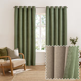 Green suede-effect reversible eyelet curtains on a metal rail beside a window in a living room with an armchair, swatch inset showing the beige reverse side.
