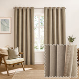 Verso Plain Reversible Eyelet Curtains in mocha hung on a metal pole in a living room, showing suede-faced fabric with a woven reverse swatch inset.