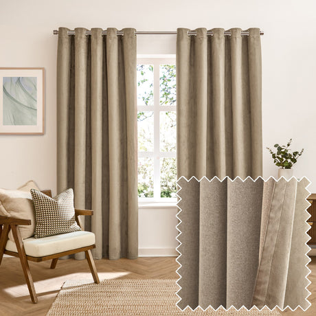 Verso Plain Reversible Eyelet Curtains in mocha hung on a metal pole in a living room, showing suede-faced fabric with a woven reverse swatch inset.