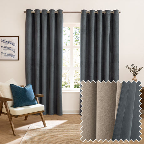 Petrol blue eyelet curtains with a suede-look finish hung on a metal rail in a living room, shown with a fabric swatch revealing the reversible oatmeal side.