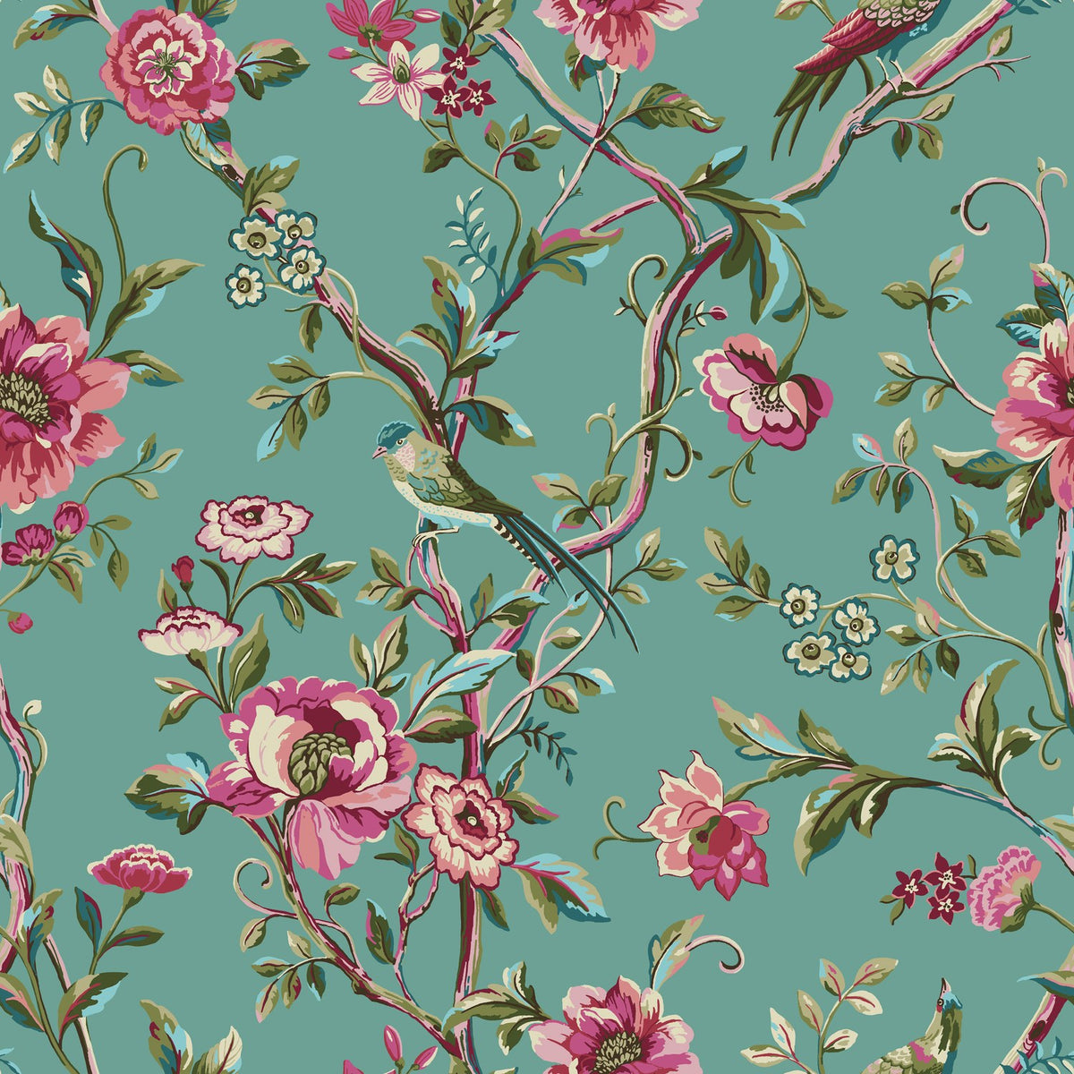 Vintage Chinoiserie Printed Floral Duvet Cover Set in Jade, polycotton fabric with pink and cream blooms, green foliage and long-tailed birds on a jade green ground.