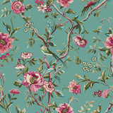 Vintage Chinoiserie Printed Floral Duvet Cover Set in Jade, polycotton fabric with pink and cream blooms, green foliage and long-tailed birds on a jade green ground.