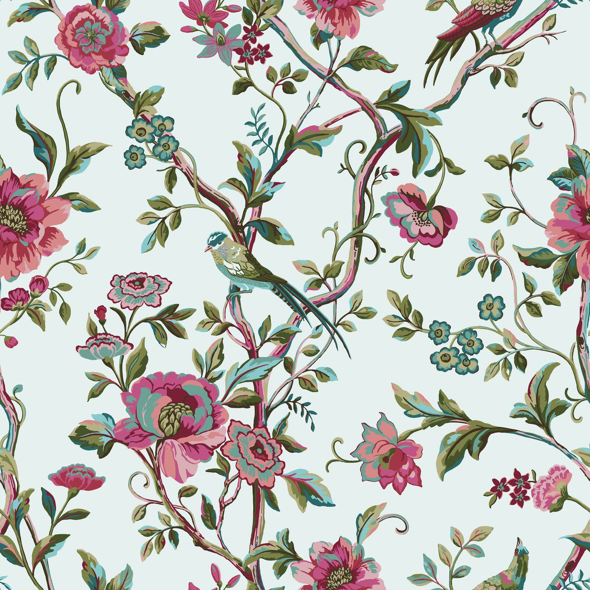 Vintage Chinoiserie Duvet Cover Set in jade, polycotton fabric printed with pink and green floral vines and long-tailed birds on a pale ground.