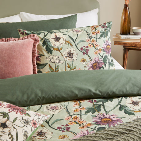 Wallflower Cotton Botanical Duvet Cover Set - Celadon Green