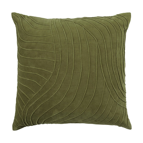 Waterfall Abstract Velvet Cushion in sage, square with raised pintuck lines fanning across the face in a curved waterfall pattern, shown on a plain white background.