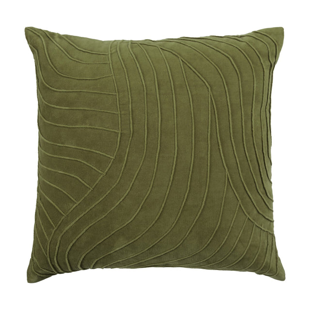Waterfall Abstract Velvet Cushion in sage, square with raised pintuck lines fanning across the face in a curved waterfall pattern, shown on a plain white background.