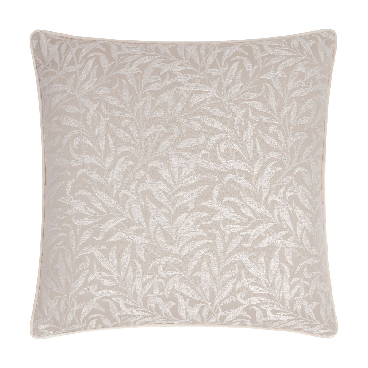 Square Willow Bough jacquard linen cushion with a tonal woven willow leaf pattern on a warm neutral ground, finished with matching piping, shown on a plain white background.