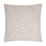 Square Willow Bough jacquard linen cushion with a tonal woven willow leaf pattern on a warm neutral ground, finished with matching piping, shown on a plain white background.