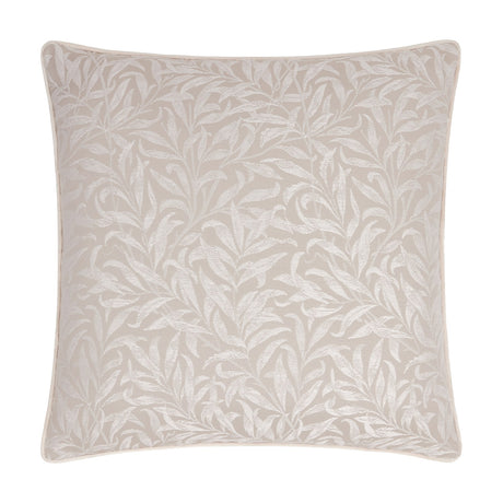 Square Willow Bough jacquard linen cushion with a tonal woven willow leaf pattern on a warm neutral ground, finished with matching piping, shown on a plain white background.