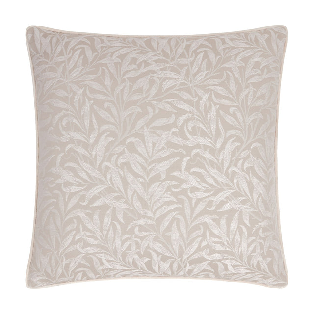 Square Willow Bough jacquard linen cushion with a tonal woven willow leaf pattern on a warm neutral ground, finished with matching piping, shown on a plain white background.