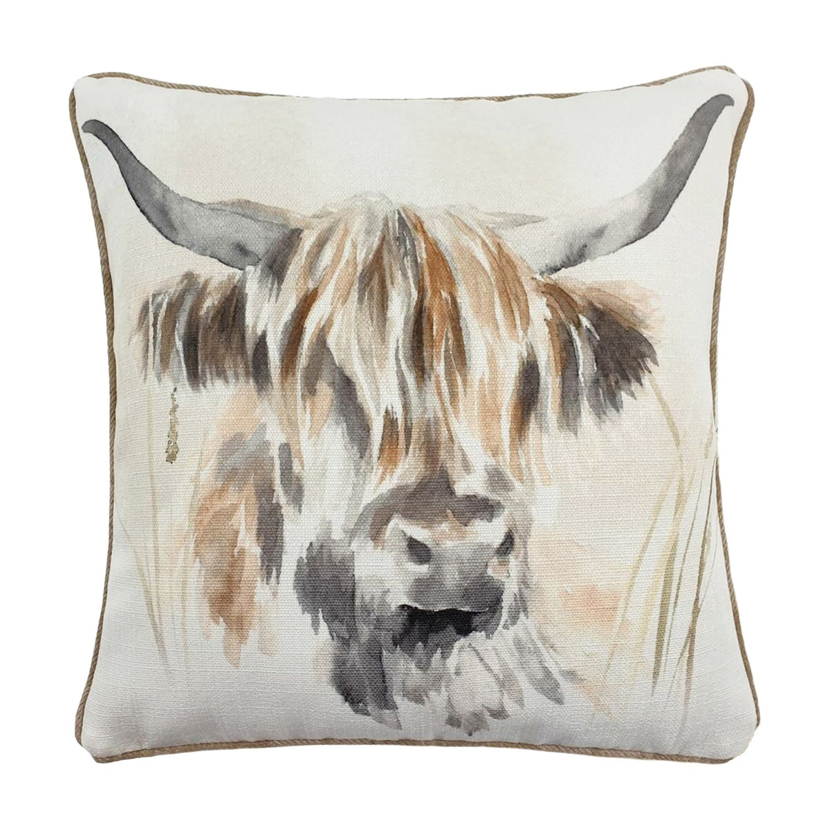 Square polyester cushion featuring a hand-painted watercolour Highland cow with curving horns and shaggy fringe in tan, brown and grey on a cream ground, finished with tan piping.