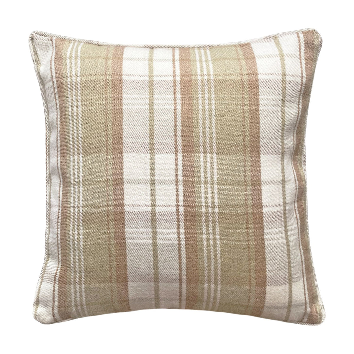 Square cushion in a beige and cream plaid pattern with piped edging, shown on a plain white background.