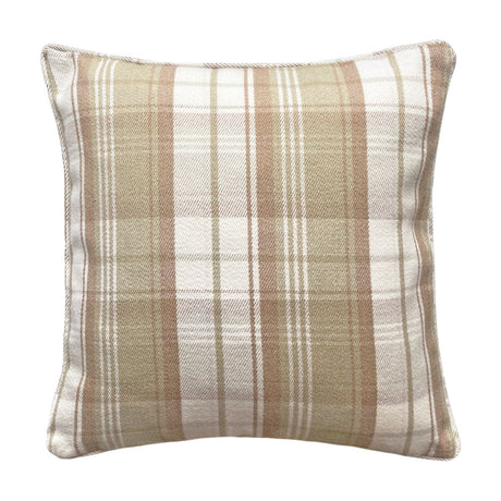 Square cushion in a beige and cream plaid pattern with piped edging, shown on a plain white background.