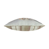 Side view of the Watercolour Animal Polyester Cushion showing a plaid brown and cream base with piped edging beneath a pale top panel, on a white background.