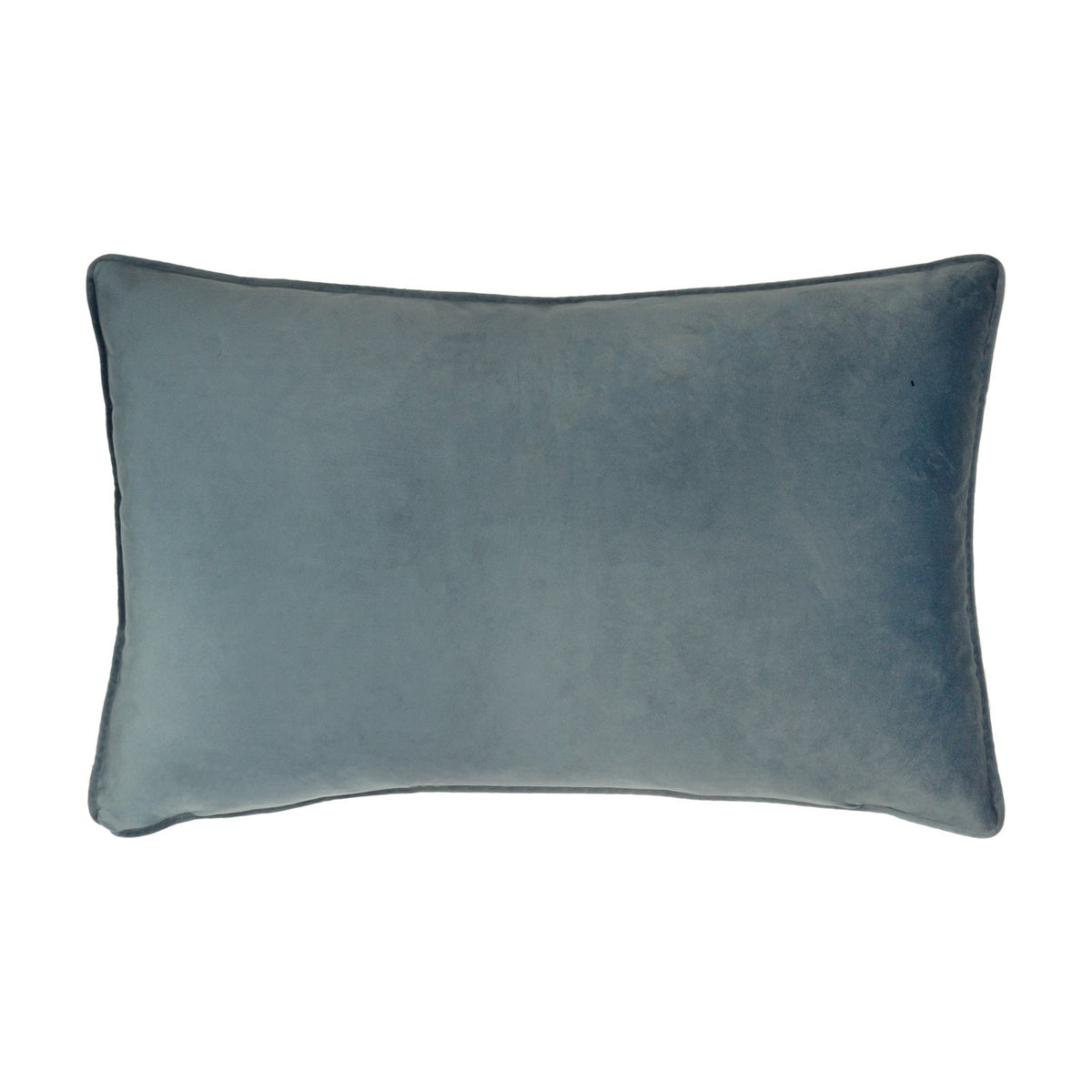 Rectangular velvet cushion in plain grey-blue with piped edging, shown reverse side, on a white background, from the Wild Garden Animal Velvet Cushion set.