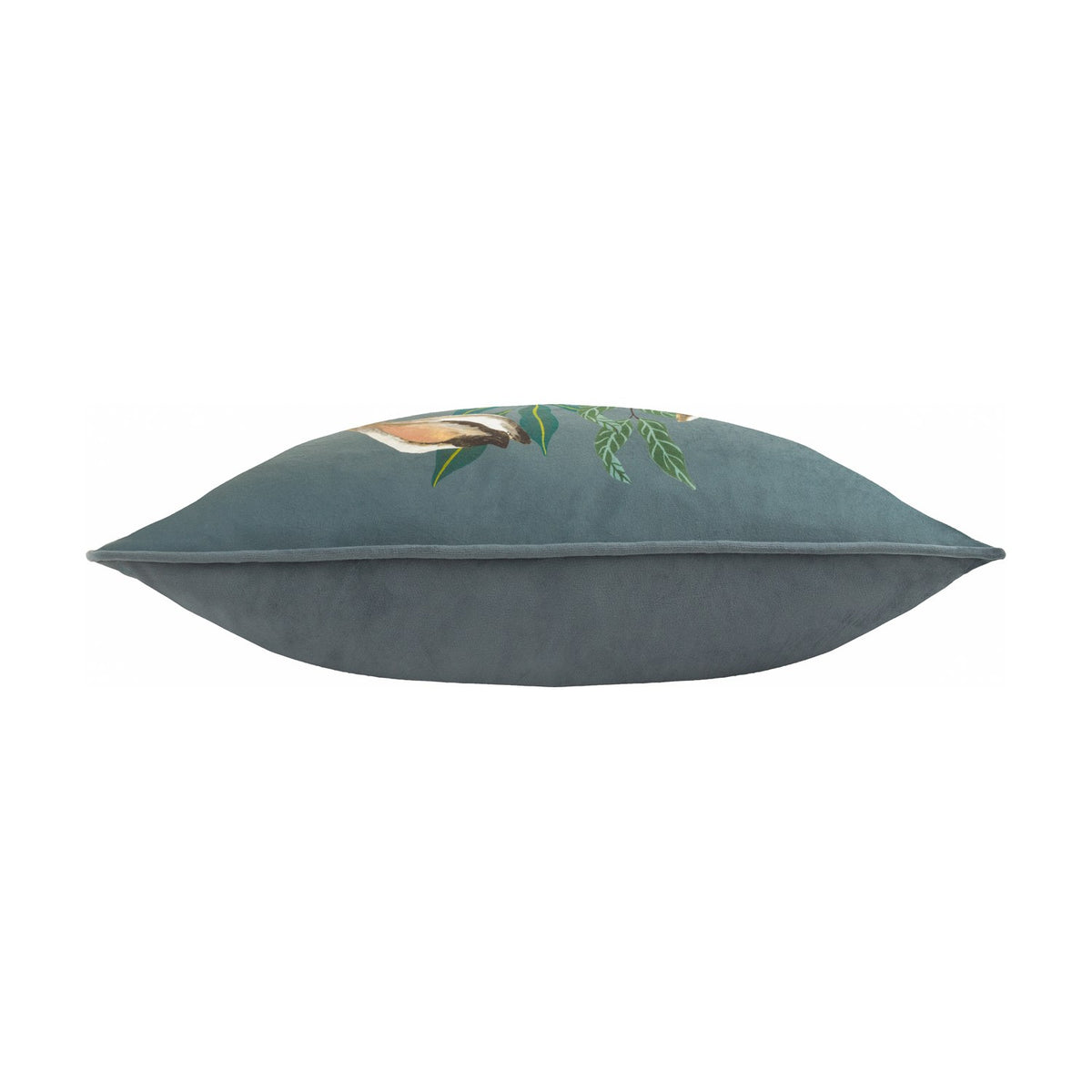 Side view of the Wild Garden Animal Velvet Cushion, a grey-blue velvet bolster with piped edge and a hare and foliage print, on a white background.