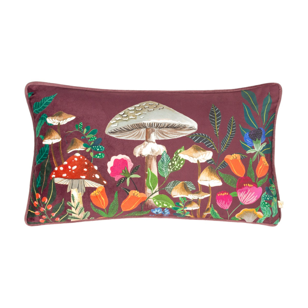 Rectangular velvet bolster cushion in deep wine-red, printed with a hand-painted mushroom and floral garden design in multicolour tones, shown on a plain white background.