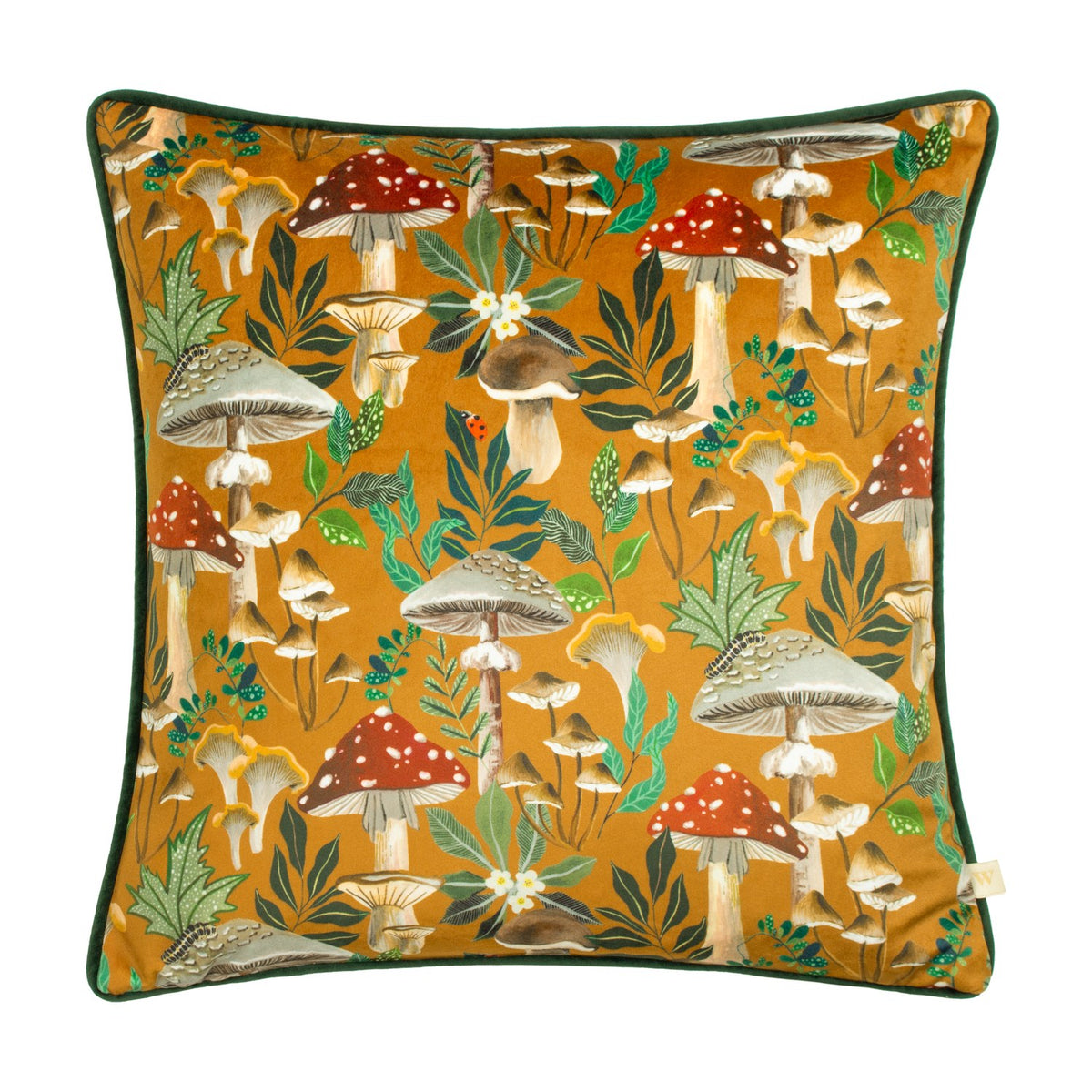 Square velvet-fronted cushion from the Wildgarden Mushroom range, featuring red and white toadstools, parasols and chanterelles amid green foliage on an amber-gold ground with dark green piping.