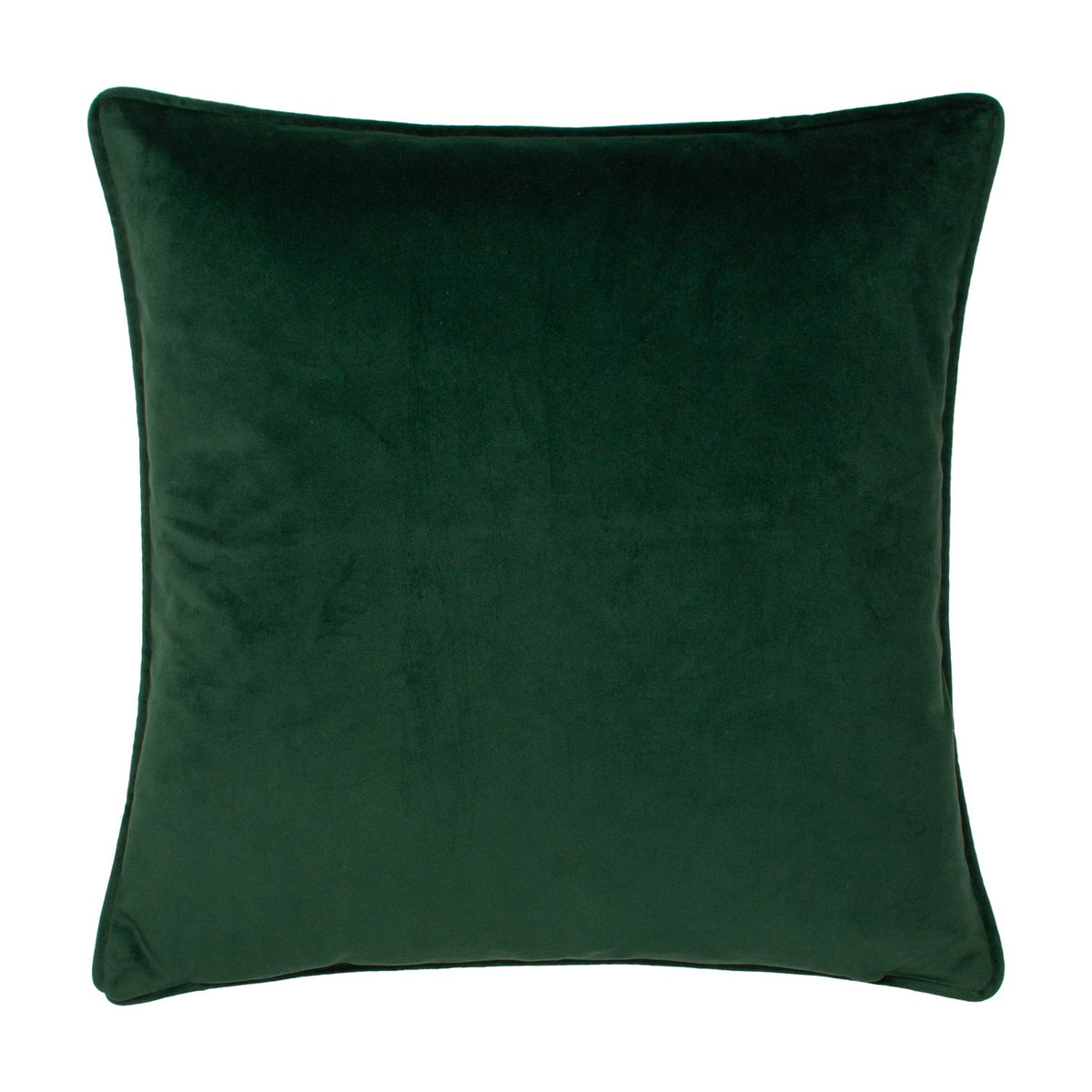 Square velvet cushion in plain dark green with piped edging, shown against a plain white background.