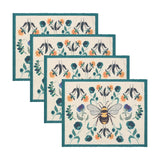 Set of four rectangular woven placemats in cream with a teal border, each printed with a bumblebee framed by orange, teal and blue floral motifs, arranged in a fanned stack on a white background.