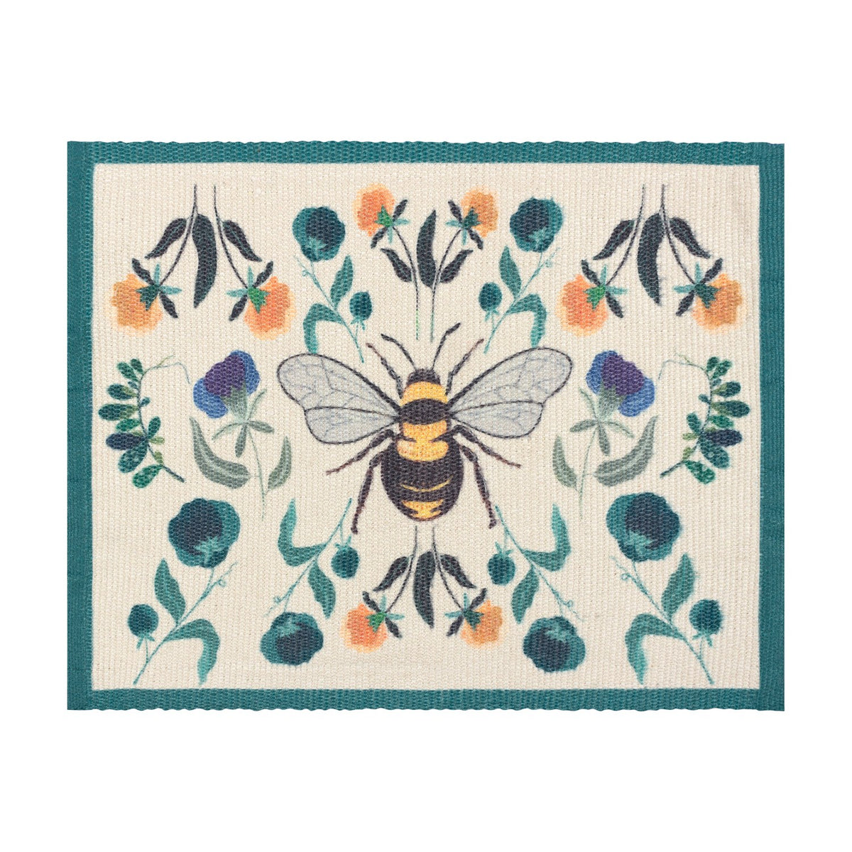 Rectangular woven polyester placemat with a central bumblebee on a cream ground, framed by mirrored orange, teal and blue florals and a deep teal border, shown on a plain white background.