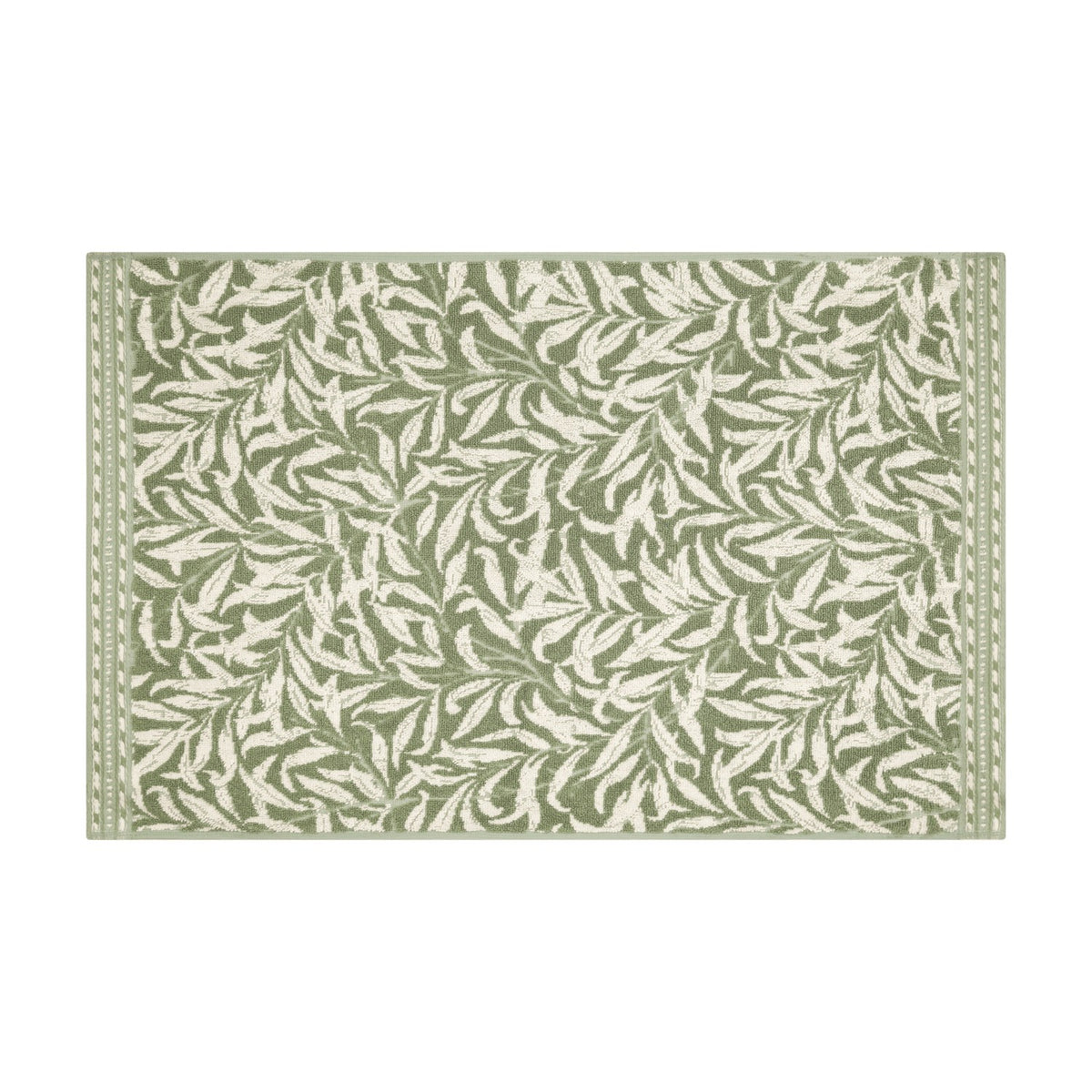 Rectangular cotton bath mat in the Willow Boughs design, sage green leaf pattern on cream ground with a narrow banded border, shown on a plain white background.