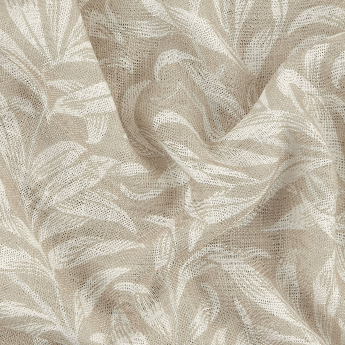 Willow Bough Floral Linen Curtain Panel fabric close-up, showing trailing willow leaf print in soft white on a warm neutral, semi-sheer woven ground.