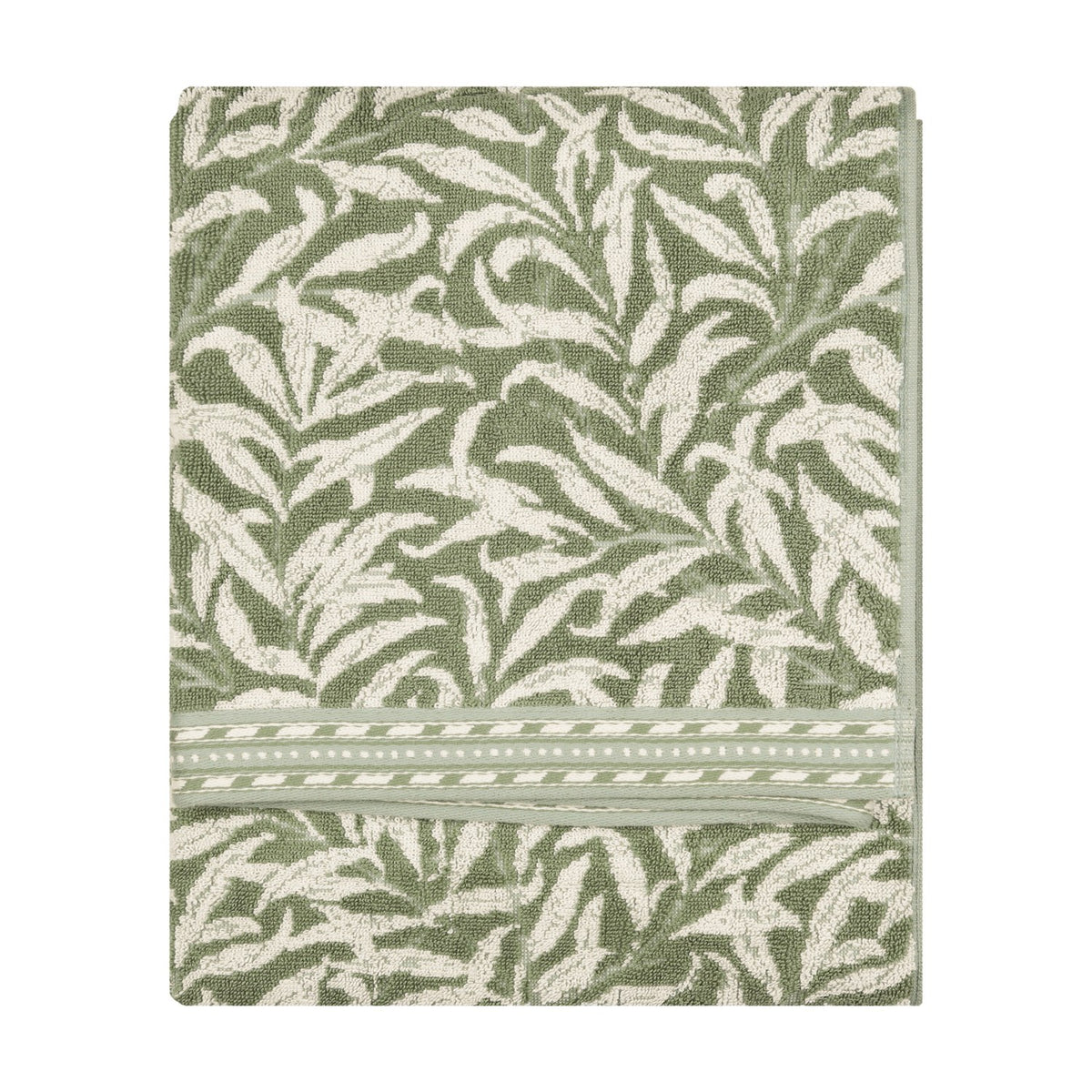 Folded Willow Boughs jacquard cotton towel in sage green with a trailing willow leaf pattern and striped border, shown on a plain white background.