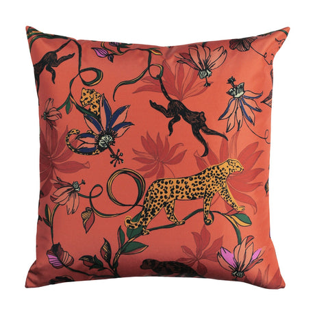 Square orange polyester cushion with tropical print of leopards, monkeys and flowers in green, blue and pink tones, shown on a plain white background.