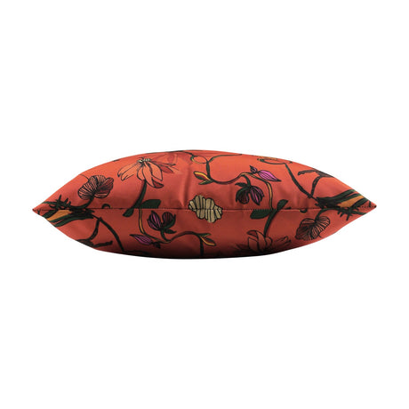 Wildlife Animal Polyester Cushion in orange, shown end-on to display its plump square shape and floral print in green, pink and cream tones, on a plain white background.