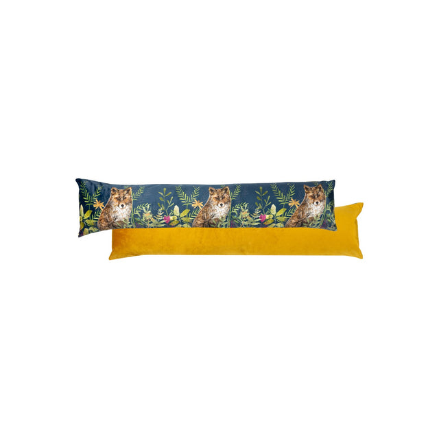 Willow Animal Velvet Draught Excluder in navy and mustard, one side printed with fox and floral motifs, the reverse in plain mustard velvet, shown on a white background.