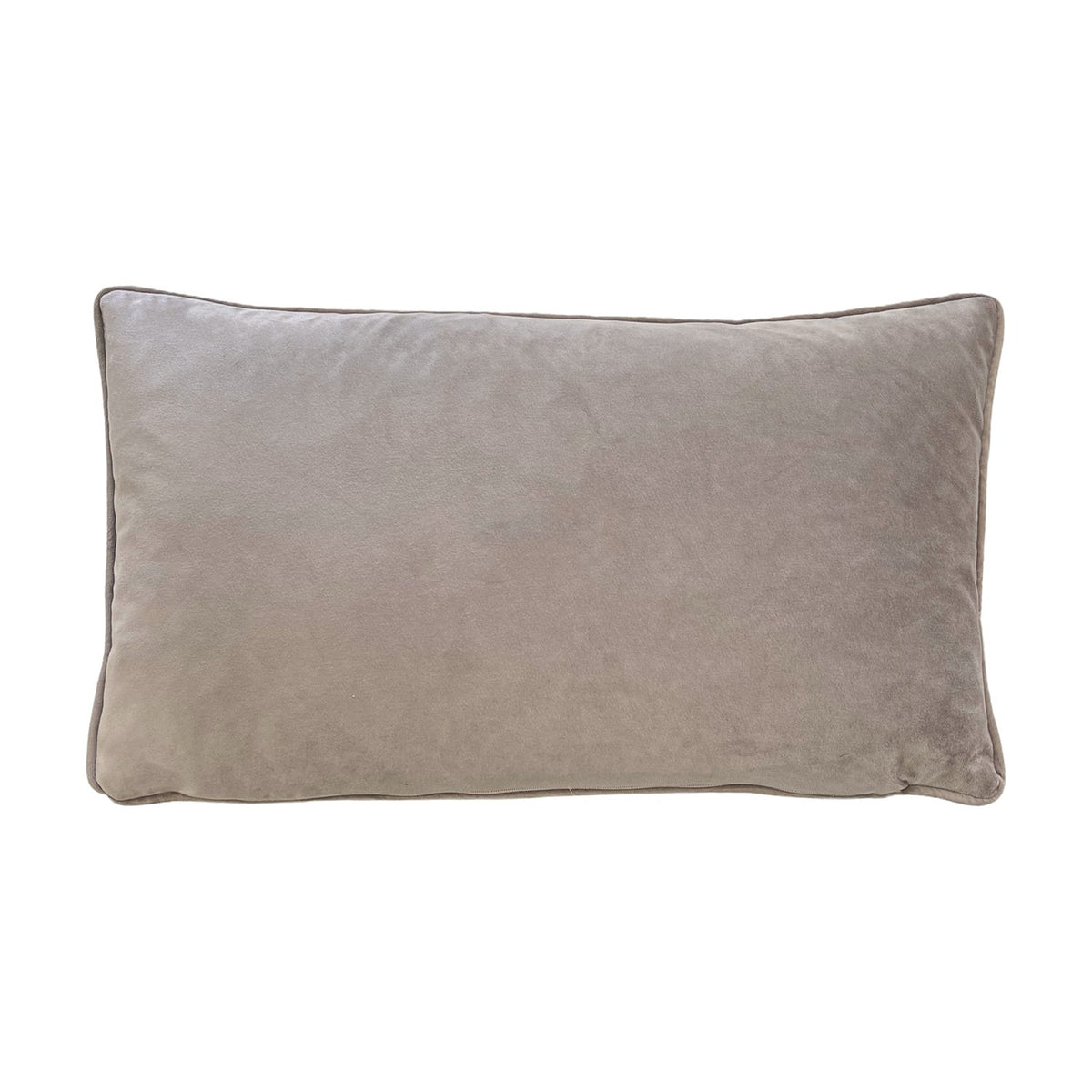 Willow Animal Velvet Cushion in Multi, shown reverse side in plain soft taupe velvet with piped edge trim, on a white background.