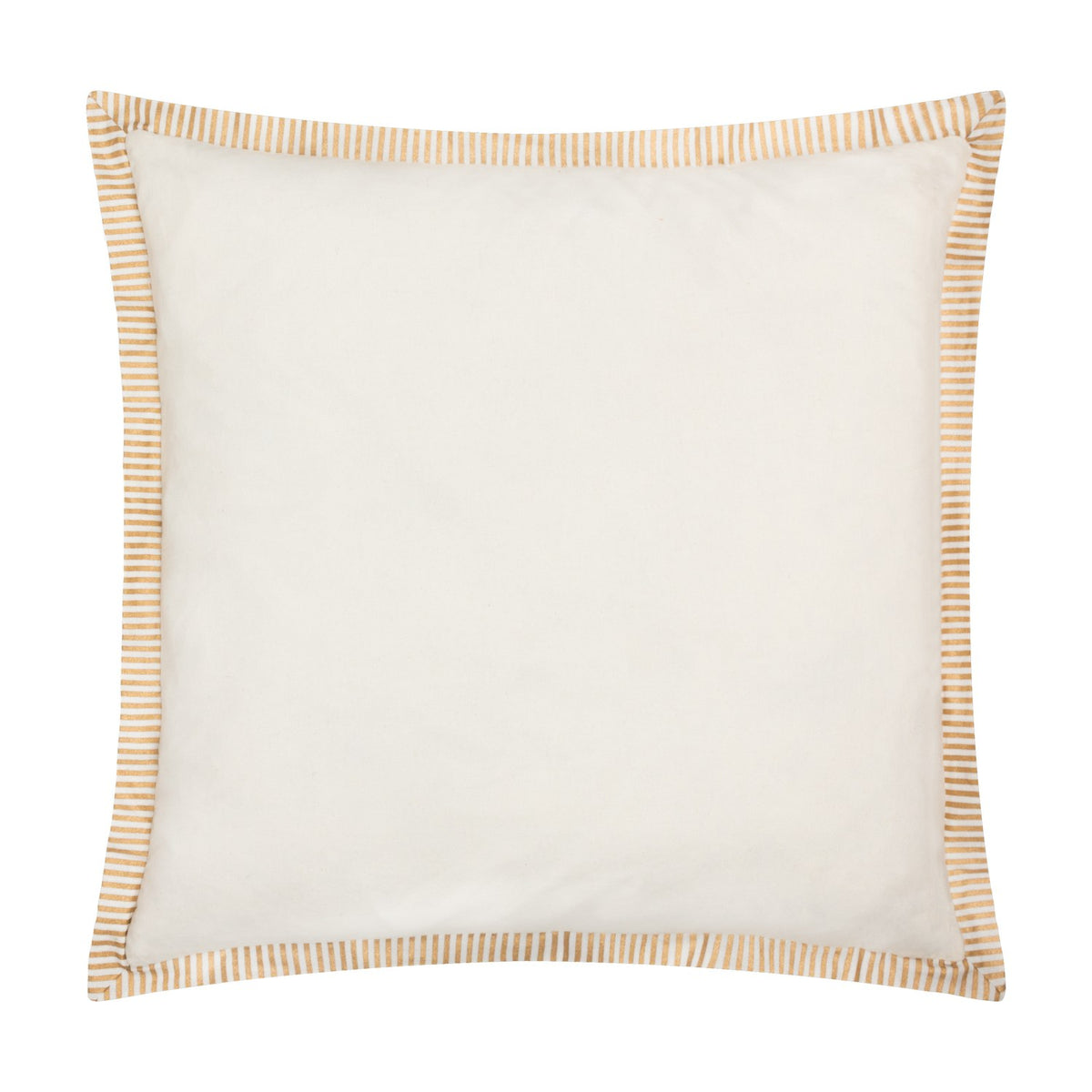 Winter Joy square cushion reverse side in plain cream cotton with gold and cream striped flange trim, shown on a white background.