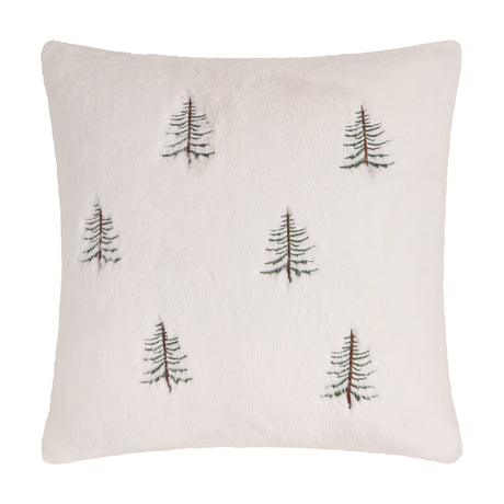 Winter Pines Woodland Faux Fur Cushion in ecru, square with plush pile and six embroidered green and brown pine trees across the face, shown on a plain white background.