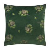 Square spruce green velvet cushion embroidered with pine cone and pine branch motifs in gold and green thread, shown on a plain white background.