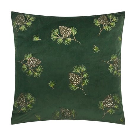 Square spruce green velvet cushion embroidered with pine cone and pine branch motifs in gold and green thread, shown on a plain white background.