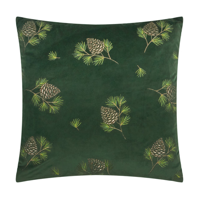 Square spruce green velvet cushion embroidered with pine cone and pine branch motifs in gold and green thread, shown on a plain white background.