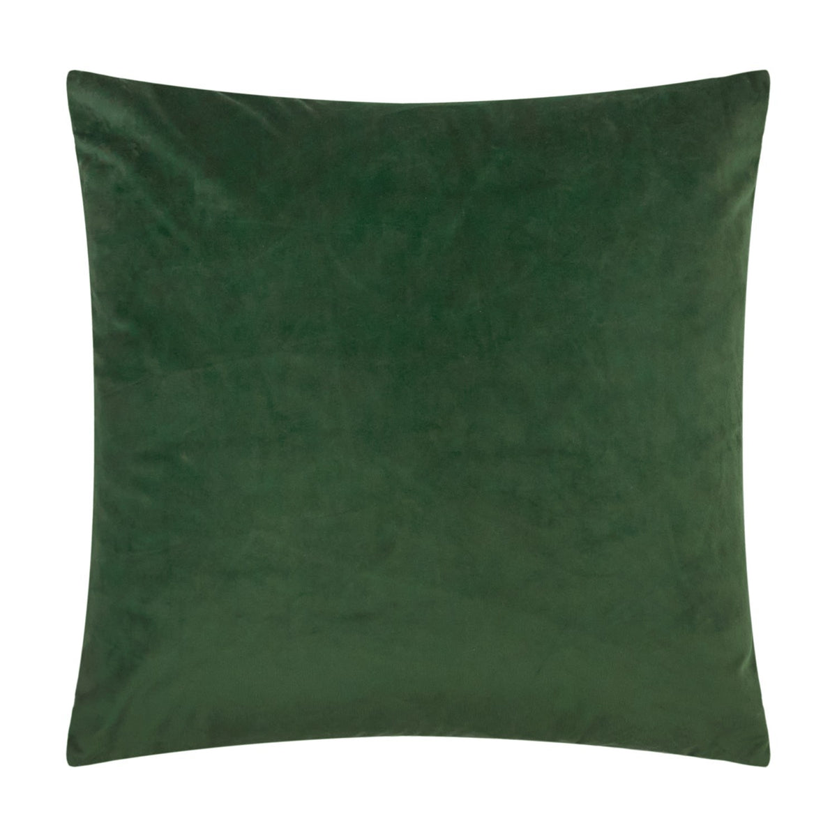 Square Winter Pines cushion in spruce green velvet, plain reverse side shown, 100% polyester, photographed on a white background.