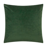 Square Winter Pines cushion in spruce green velvet, plain reverse side shown, 100% polyester, photographed on a white background.