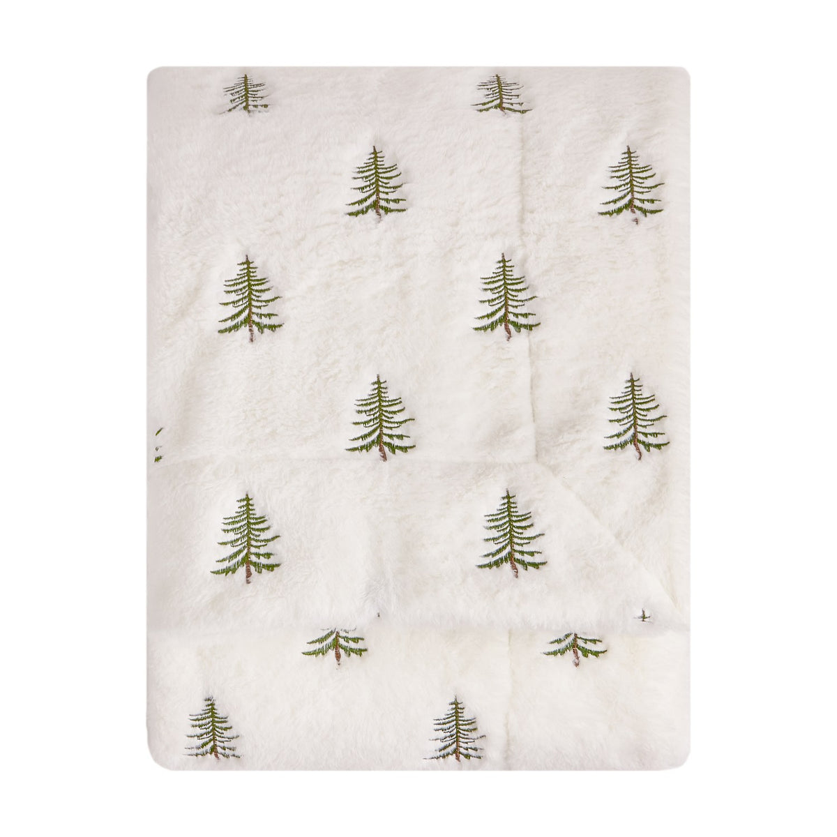Winter Pines Woodland Polyester Throw in ecru, soft fleece fabric with embroidered green pine tree pattern scattered across the surface, shown folded on a plain white background.