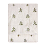 Winter Pines Woodland Polyester Throw in ecru, soft fleece fabric with embroidered green pine tree pattern scattered across the surface, shown folded on a plain white background.