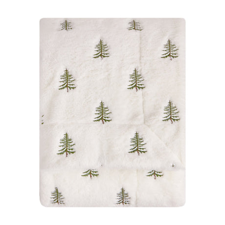 Winter Pines Woodland Polyester Throw in ecru, soft fleece fabric with embroidered green pine tree pattern scattered across the surface, shown folded on a plain white background.
